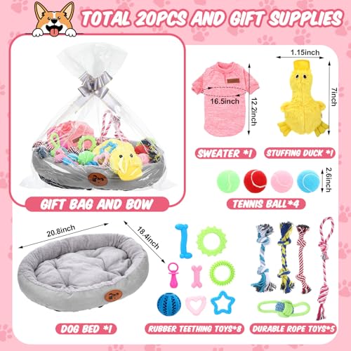 Zopeal 24 Pcs Luxury Dog Gift Set Thickened Plush Dog Bed and Sweater Dogs Squeaky Toys Breed Chewer Cute Duck Stuffed and Soft Squeaker Balls for Winter Puppy Pet Teething Chewing