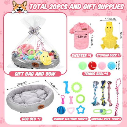 Zopeal 24 Pcs Luxury Dog Gift Set Thickened Plush Dog Bed and Sweater Dogs Squeaky Toys Breed Chewer Cute Duck Stuffed and Soft Squeaker Balls for Winter Puppy Pet Teething Chewing