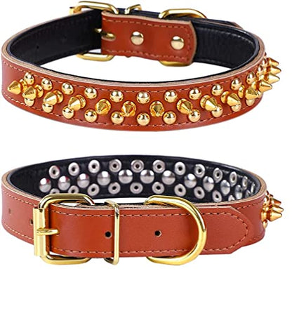 Spiked Studded Dog Collar, Soft Genuine Leather Dog Collar, Adjustable Dog Collars for Small Medium Large Dogs Breeds Pit Bull (S fit Neck 10.5-13", Brown) - color: Brown, size: S fit Neck 10.5-13"