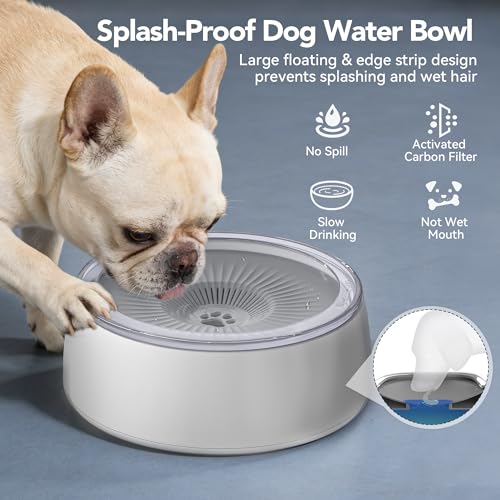 3L No Spill Dog Water Bowl (101oz) – Slow Drinking Pet Bowl with Replaceable Filter & Slow Feeder Mat, Splash Proof Travel Bowl for Large Dogs Cats, Car & Home Use – Grey