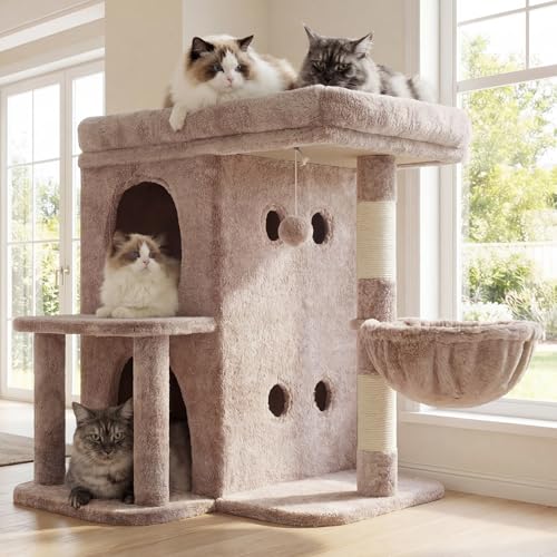 Heybly Cat Tree, 25.6-inch Cat Tower with Spacious Top Perch for Large Cats, Stair-Style Cat House Furniture with Dual-Layer Condos, Sisal Scratching Posts, Cozy Basket & Pompom, Muchroom HCT204SMU - color: Muchroom, size: 25.6 inch
