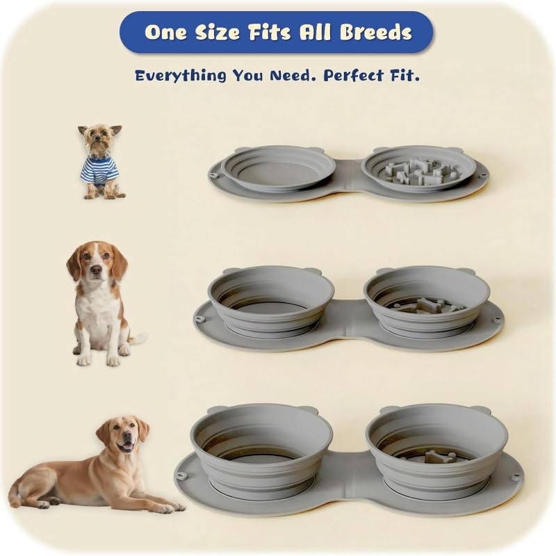 Silicone Collapsible Dog Bowl with Carabiner Clip, 2-in-1 Foldable Double Pet Food & Water Travel Bowl, Portable No-Spill Design for Walking Hiking Camping (Gray)