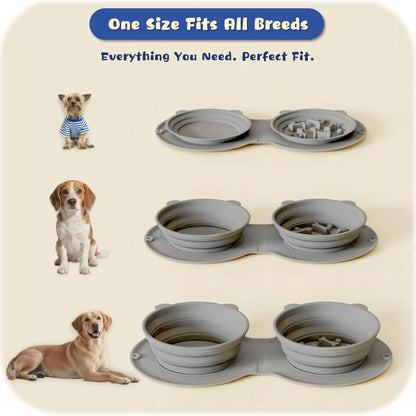 Silicone Collapsible Dog Bowl with Carabiner Clip, 2-in-1 Foldable Double Pet Food & Water Travel Bowl, Portable No-Spill Design for Walking Hiking Camping (Gray)