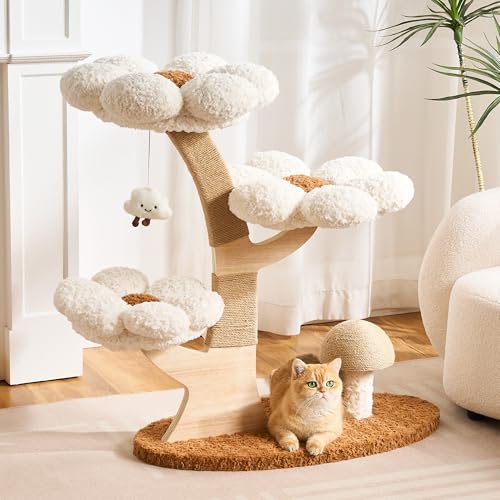 Modern Cat Tree Tower for Indoor Cats Large Adult, 37 inch Flower Cat Tree with Scratching Post, Luxury Aesthetic Cat Tree with Cloud-Soft Flower Perches and Physical Mouse-Sound Hanging Toy - color: cream white, size: 37 inch-Mushroom Scratcher