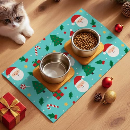 HOMETITUTE Cute Christmas Themed Pet Food Mat Green Santa Print Dog Feeding Mat Non Slip Mats for Cat Food and Water Bowls 20" x 12" Dog Bowl Mats Pets Placemat Easy Clean Christmas Pet Supplies - color: Green