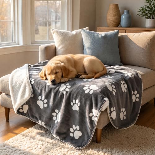 Waterproof Pet Blanket - Soft Sherpa Dog Blanket, Washable Leakproof Blanket for Pets, Waterproof Pad for Dogs & Cats - color: Dark Grey Paw, size: 50×60 Inches