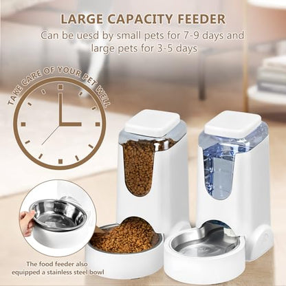 Automatic Cat Feeder and Water Dispenser with Stainless Steel Bowl Dog Gravity Food Feeder and Waterer for Small Medium Pets Puppy Kitten 1 Gallon x 2 - color: White（3.8L*2）
