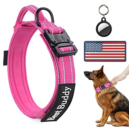 AUBELL Reflective Tactical Dog Collar,Adjustable Military Heavy Duty K9 Collars with Handle and Quick Release Metal Buckle Great for Medium Dogs, with Airtag Case and 2 Patches (Pink,M) - color: Pink, size: M(13.5"-17")