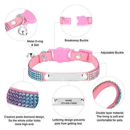 Personalized Cat Collar Breakaway Diamond Rhinestone with Bell, Customized Bling Kitten Pet Collar Adjustable with Engraved ID Name Plate (Pink) - color: Pink