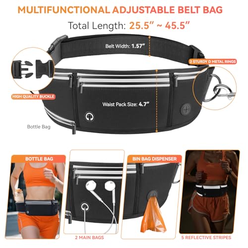 Hands Free Dog Leash with Waist Belt & Zipper Pouch, Heavy Duty Waist Leash for Running, Walking, Jogging and Hiking, Professional Tangle Free Reflective Control Lead for Large Medium Dogs - color: Waist Belt-Black