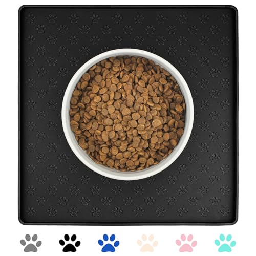 Ptlom Pet Placemat for Dog and Cat, Waterproof Non-Slip Silicone Feeding Bowl Mat Prevent Food and Water Overflow, Puppy Dish Feeder Fountain Trays Suitable for Medium and Small Pets, Black - color: Black, size: 11.8"L x 11.8"W
