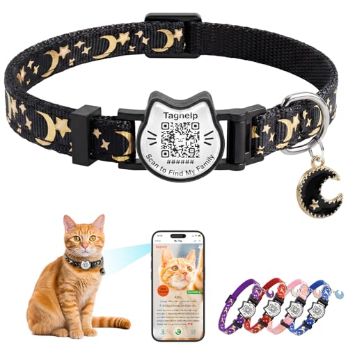 Smart QR Code Cat Collar with Online ID Profile - Breakaway Safety Collar with Bell, Glow in The Dark & Cute Moons Stars Pendant, Adjustable Kitten Collar for Girl Cats 7.0-12.5 Inch(Black) - color: Black, size: Collar Only