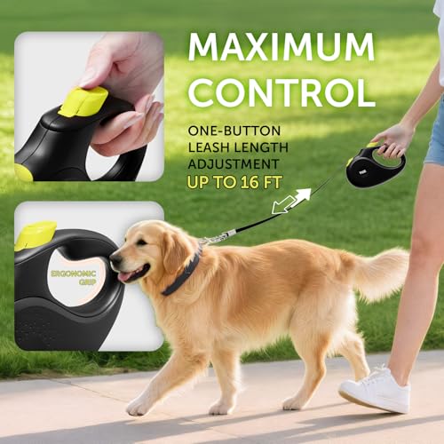 TUG 360° Tangle-Free Retractable Dog Leash | 16 ft Strong Nylon Tape (Medium, Black/Yellow) - color: Black/Yellow, size: Medium, 16 ft