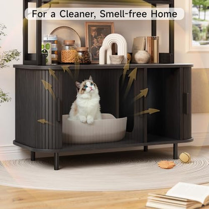 ONBRILL 54 Inch Hidden Litter Box Furniture with Shelves and Outlets,Fluted Cat Litter Box Enclosure, Mid-Century Modern Wooden Cat House with Sliding Tambour Door and Hooks, Black - color: Black