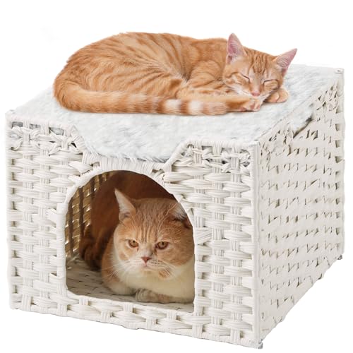 SETVSON Cat Beds Indoor Kitten House, Handwoven Rattan Cat Cave Pet Cube, Large Cat Houses, One Bed Mat, Foldable, Hideaway, 16.5x16.5x13.2 Inches, 2 S-Shaped Hooks in Living Room Bedroom White - color: White, size: Rectangle-M
