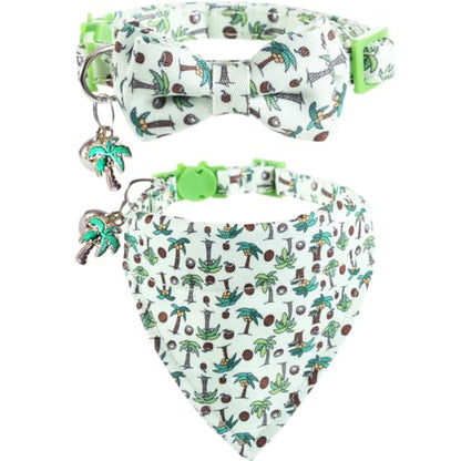 Cat Collar Breakaway with Cute Bow Tie Bandana and Bell Coconut Tree Accessories for Kitty Adjustable Safety - color: coconut tree