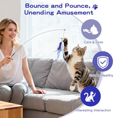 Pawaboo Feather Teaser Cat Toy, Interactive Feather Wand Cats Toy Flying Feathers Cat Catcher with Extra Long 34.5" Wand and Small Bell, Exerciser Playing Toys for Kitten or Cats, Blue - color: Blue