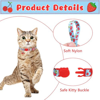Breakaway Cat Collars with Bell & Cute Pendants, 3 Pack Safety Buckle Kitten Collars, Adjustable Pet Collar Ideal for Girl Boy Cats Puppy (Style A - New Fruit) - color: Style A - New Fruit