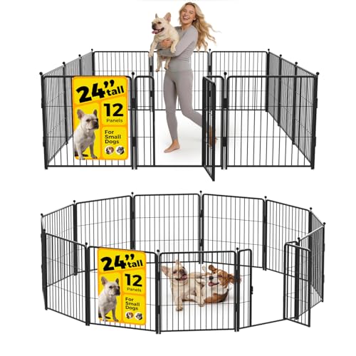 Dog Playpen 24 inch 12 Panels for Indoor & Outdoor Use – Heavy-Duty Metal Pet Fence with Ground Stakes, Rounded Ball Tops for Safety, Stable & Foldable Design, Easy to Assemble - size: 24inch, style: 12 Panels