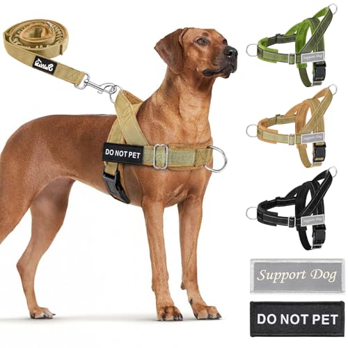 Lukovee No Pull Dog Harness and Leash Set - Heavy Duty Dog Vest with Soft Velvet Padding for Medium Large Dogs, Adjustable Reflective Tactical Harness with 2 Control Handles & Front Clip (S, Yellow) - color: Brown, size: Small