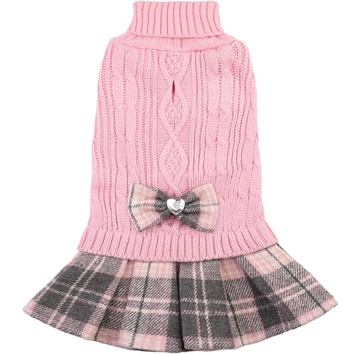 Small Dog Sweater Dress with Bowtie Turtleneck Knitted Puppy Winter Clothes Girl Warm Dog Sweaters with Leash Hole for Yorkies Chihuahua Toy Poodle (S, Pink) - color: Pink, size: Small (5-9lbs)