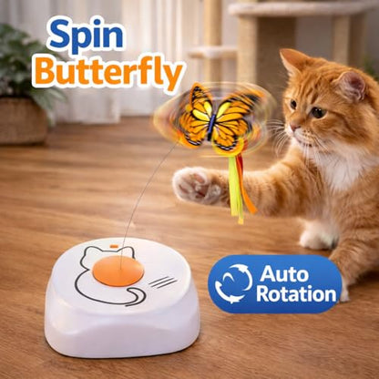 Interactive Cat Toy for Indoor Cats, Automatic Rotating Butterfly Feather Wand, Self Play Electric Cat Toy for Exercise & Mental Stimulation, Quiet Energy-Saving, AA Battery Operated