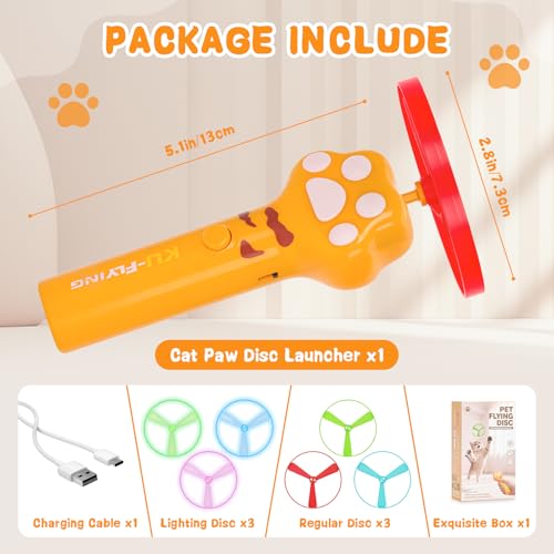 Cat Chase Fetch Toy - Rechargeable Disc Launcher with 6 Flying Spinners - Best Interactive Pet Hunting Toys for Indoor Outdoor Yard Cats Dog (Yellow) - color: Yellow