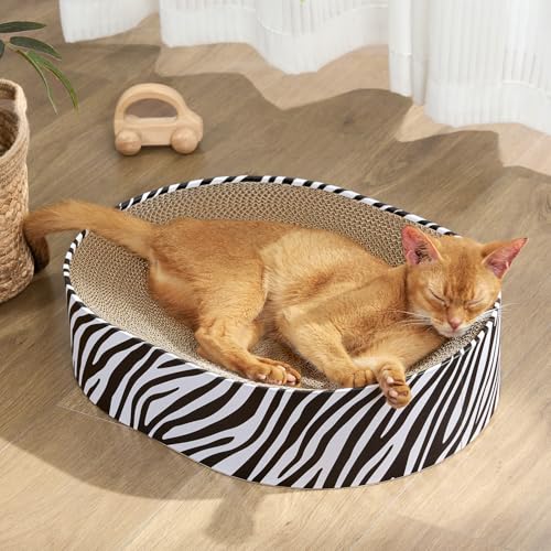 Conlun Oval Cat Scratcher Bed, 2-in-1 Cat Scratching Board, Natural Corrugated Cardboard Scratch Pad Lounge, Sealed Base Traps Debris,No Assembly Kitty Furniture,Stylish Colors Blends Any Home Decor - color: Zebra, size: Medium(16.9"L x 12.9"W x 3.9"Th)