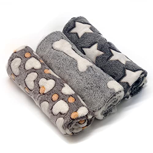 1 Pack 3 Puppy Blankets Super Soft Warm Sleep Mat Grey Cute Print Fluffy Fleece Pet Flannel Throw Dog Blankets for Small Dogs Cats,Star&Bone&Love-Medium(29"x20") - color: Bone/Love/Star, size: Medium(29"x20")