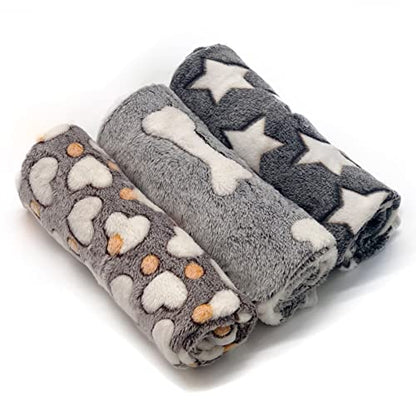 1 Pack 3 Puppy Blankets Super Soft Warm Sleep Mat Grey Cute Print Fluffy Fleece Pet Flannel Throw Dog Blankets for Small Dogs Cats,Star&Bone&Love- Small (23"x15") - color: Bone/Love/Star, size: Small(23"x15")