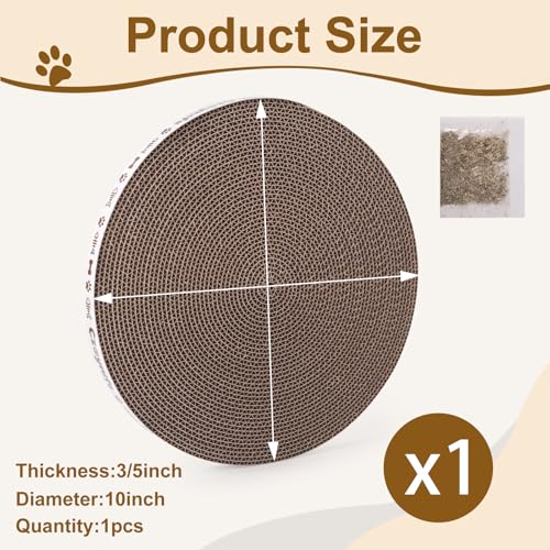 10 Inch Round Cat Scratcher Pad Refill - 3/5 Inch Thick Compressed Cardboard, Universal Fit for Round Scratching Posts & Standalone Use, Protect Furniture for Indoor Cats (1 PCS) - size: 1 PCS