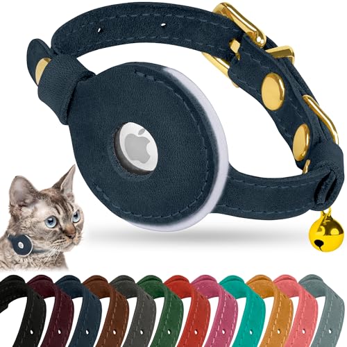 OOPSDOGGY Reflective Leather AirTag Cat Collar with Bell - Non Breakaway Adjustable Pet Collar with Apple Air Tag Holder - Lightweight GPS Kitten Collars for Small Dogs Puppy (Blue) - color: Blue