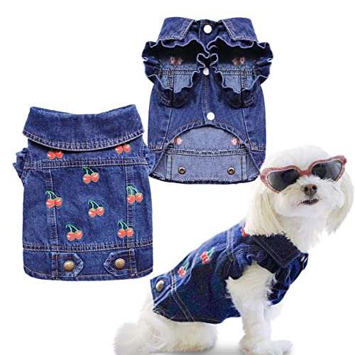 SILD Pet Clothes Dog Jeans Jacket Cool Blue Denim Coat Small Medium Dogs Lapel Vests Classic Puppy Hoodies (S, Cherry) - size: S