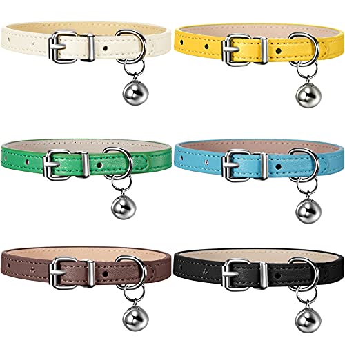 Weewooday 6 Pieces Leather Cat Collar with Bell Cute Pet Kitten Leather Collar for Boy Girl Cats for Small Kitten Puppy(Fresh Color) - color: Fresh Color