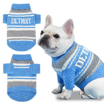 Detroit Small Dog Sweater Football Theme Turtleneck Knit Dog Sweaters for Small Pets Warm Winter Cat Dog Clothes - color: Skyblue&gray, size: Small