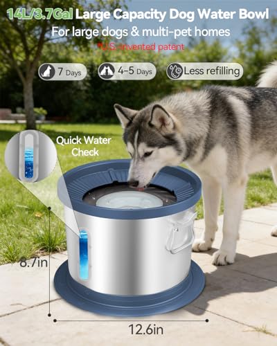 UPSKY 14L No Spill Dog Water Bowl, Stainless Steel Spill Proof Dog Bowl with Water Window, Dual-Suction Anti-Slip Large Capacity Slow Drinking Bowl with Floating Disk for Large Dogs & Messy Drinkers - color: Blue