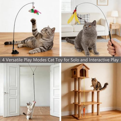 Suction Cup Cat Toy for Indoor Cats, 4 Play Modes Hands Free Interactive Cat Teaser Wand with 12 Replaceable Bell Attachments, Self Play Kitten Toys for Boredom Relief and Exercise