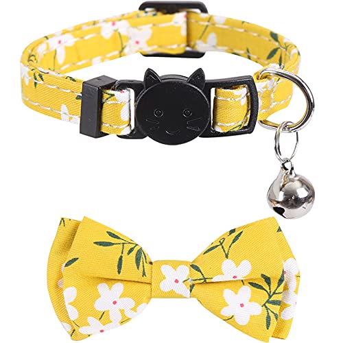 2 Pack/Set Cat Collar Breakaway with Cute Bow Tie and Bell Plaid Flower for Kitty Adjustable Safety - color: Yellow