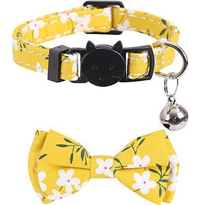 2 Pack/Set Cat Collar Breakaway with Cute Bow Tie and Bell Plaid Flower for Kitty Adjustable Safety - color: Yellow