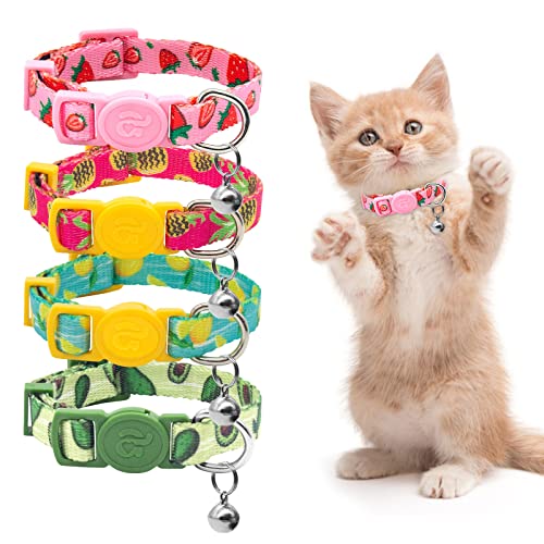 4 Pack Cat Kitten Collar Breakaway with Bell Quick Release Safe Buckle Adjustable Cat Kitten Collar - color: 2#Fruit, size: Kitten(Neck:6"-8")