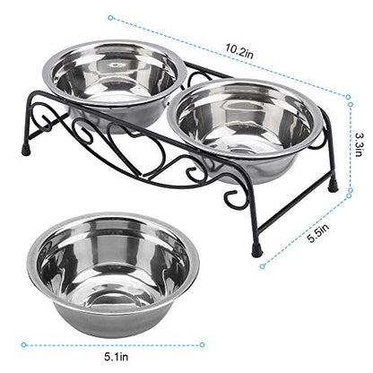Pet Bowl, Double Cat Dog Waterer Bowls Stainless Steel Elevated Pet Water Food Feeder with Non-Slip Raised Stand for Small Dogs Cats Puppy Kitty