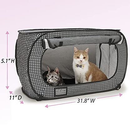 Necoichi Stress-Free Enclosure Cat Travel Carrier Cage 31.8" L x 20.0" W x 20.0" H with Litter Box Set Collapsible Gray White Stripes | Pop up Kannel, Crates - style: Cage+Litter Box