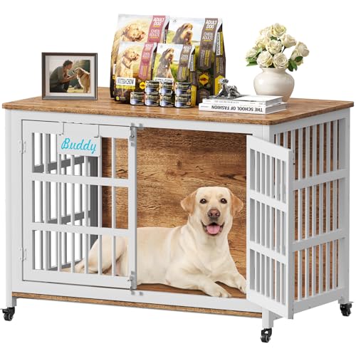 EasyCom 48"/42"/33" XXL Heavy Duty Dog Crate Furniture with Casters, Dog Kennel Indoor for Large Dogs, Escape-Proof and Chew-Proof Dog Cage for high Anxiety Dog, Decorate House as TV Stand, End Table - color: White & Beech, size: 46.1"L x 28.7"W x 31.9"H