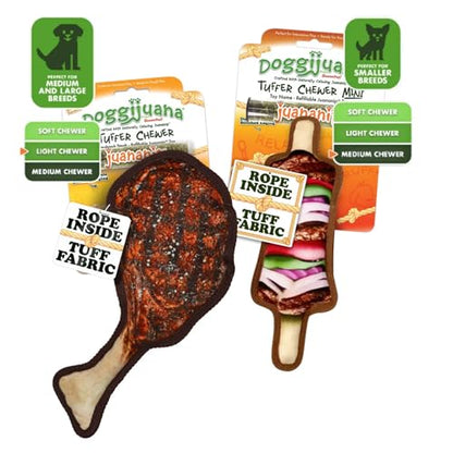 Doggijuana Cafe Combo Refillable Juananip Toy Bundle | Tomahawk Steak & Grilled Kebab | Funny Dog Toy Plush with Catnip and Refill | Interactive Chew for Play - style: Tomahawk Steak & Grilled Kebab