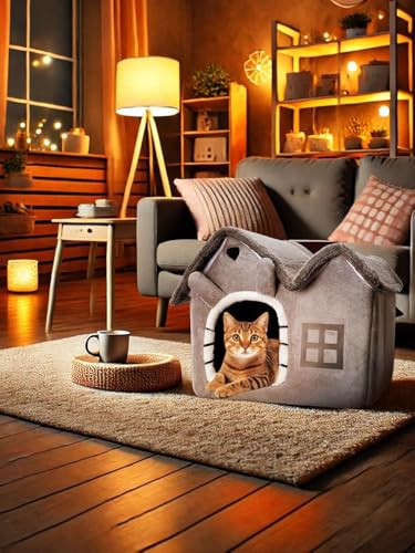 Luxury Foldable Rabbit-Ear Cat House & Dog Bed – Indoor Double Roof Condo with 30D Memory Foam, Removable Washable Cushion, Non-Slip Base, Cozy Pet Tent for Small Dogs & Cats, Gray (Medium) - size: Medium