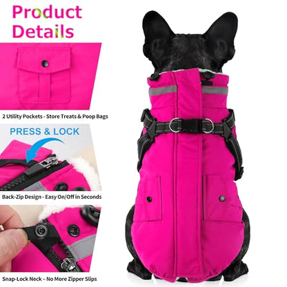 Dog Coat with Harness, Waterproof Warm Dog Winter Jacket with Pockets, Reflective Pet Fleece Jacket Turtleneck Snowsuit for Small Medium Large Dogs - Pink, L - color: Pink, size: Large(Chest:24.8" Back:16.9" Neck:17.7")