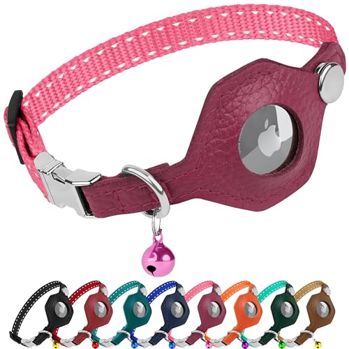 Reflective AirTag Cat Collar with Metal Buckle - Leather Soft Non Breakaway Cat Collars with Apple Air Tag Holder and Bell - Tracking GPS Secure Pet Collars for Cats Kitten Puppy (Pink) - color: Pink