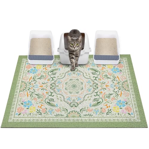 Glittme Cat Litter Mat with Non-Slip Bottom Litter Box Mat 40"X30" Litter Trapping Mat Easy to Clean Washable Cat Food Mat for Kitty,XL - color: Bean Green, size: 40"x30"