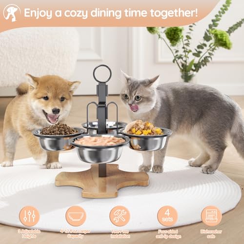 Adjustable Elevated Cat Bowls with Stand, 3 Height Raised Food & Water Bowl Set for Indoor Cats, 4 Stainless Steel Tilted Pet Dishes for Small Dogs, Non-Slip Feeding Station with Anti-Spill Design - size: 4 cat bowls
