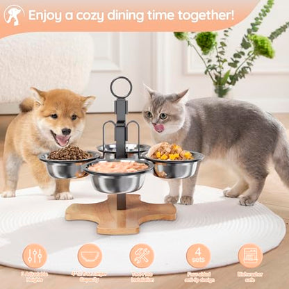 Adjustable Elevated Cat Bowls with Stand, 3 Height Raised Food & Water Bowl Set for Indoor Cats, 4 Stainless Steel Tilted Pet Dishes for Small Dogs, Non-Slip Feeding Station with Anti-Spill Design - size: 4 cat bowls